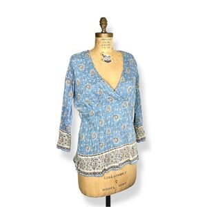 NWT Vintage Y2K Dressbarn Blue Floral Paisley Women's V Neck Cotton Top Blouse